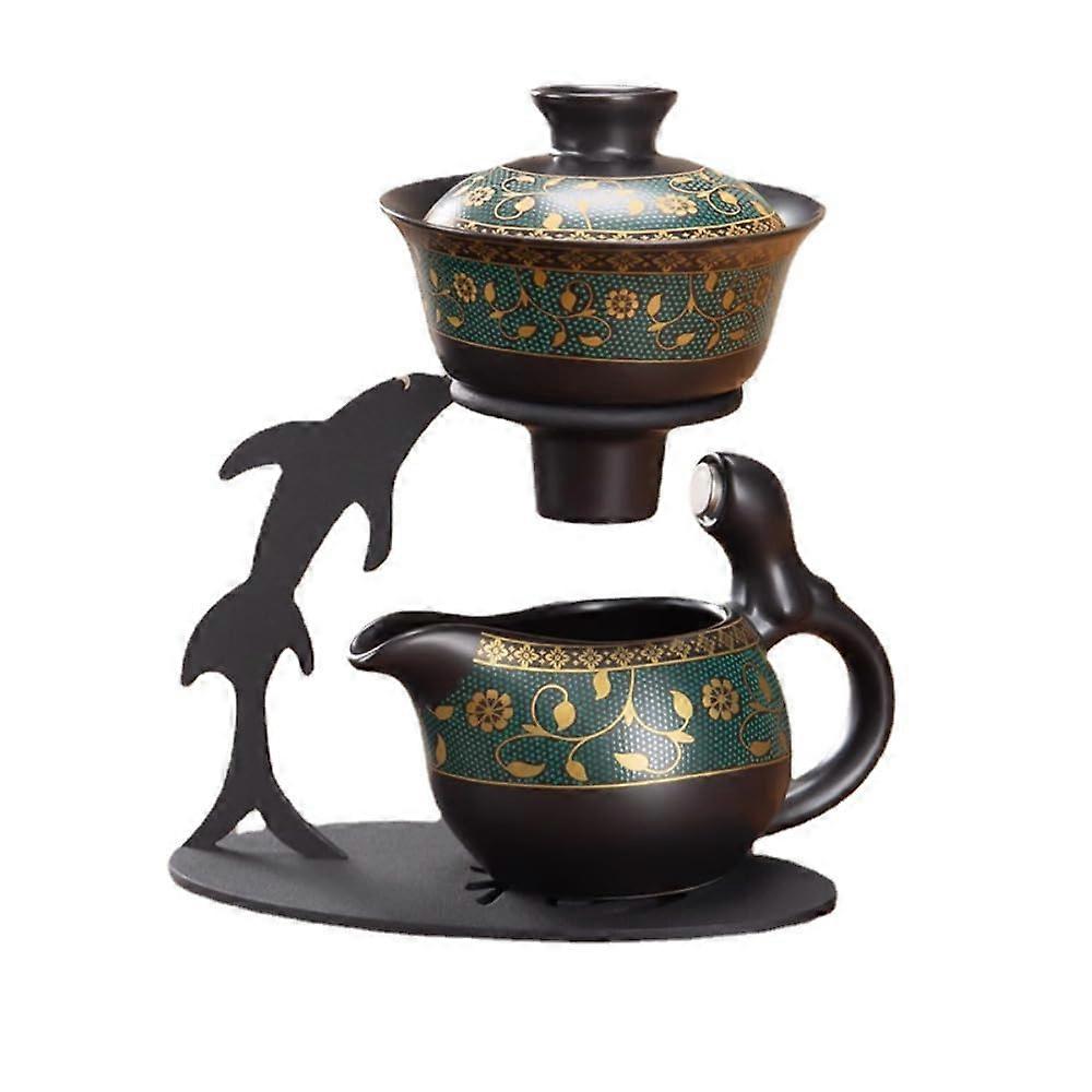 Ceramic Tea Set with Fully Automatic Brewing, 18cm Chinese Kung Fu Tea Pot and Cups