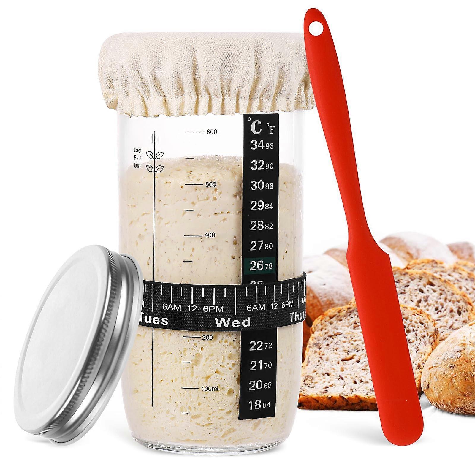Sourdough Starter Kit with 33oz Glass Jar, Thermometer, Feeding Reminder, DIY Bread Guide