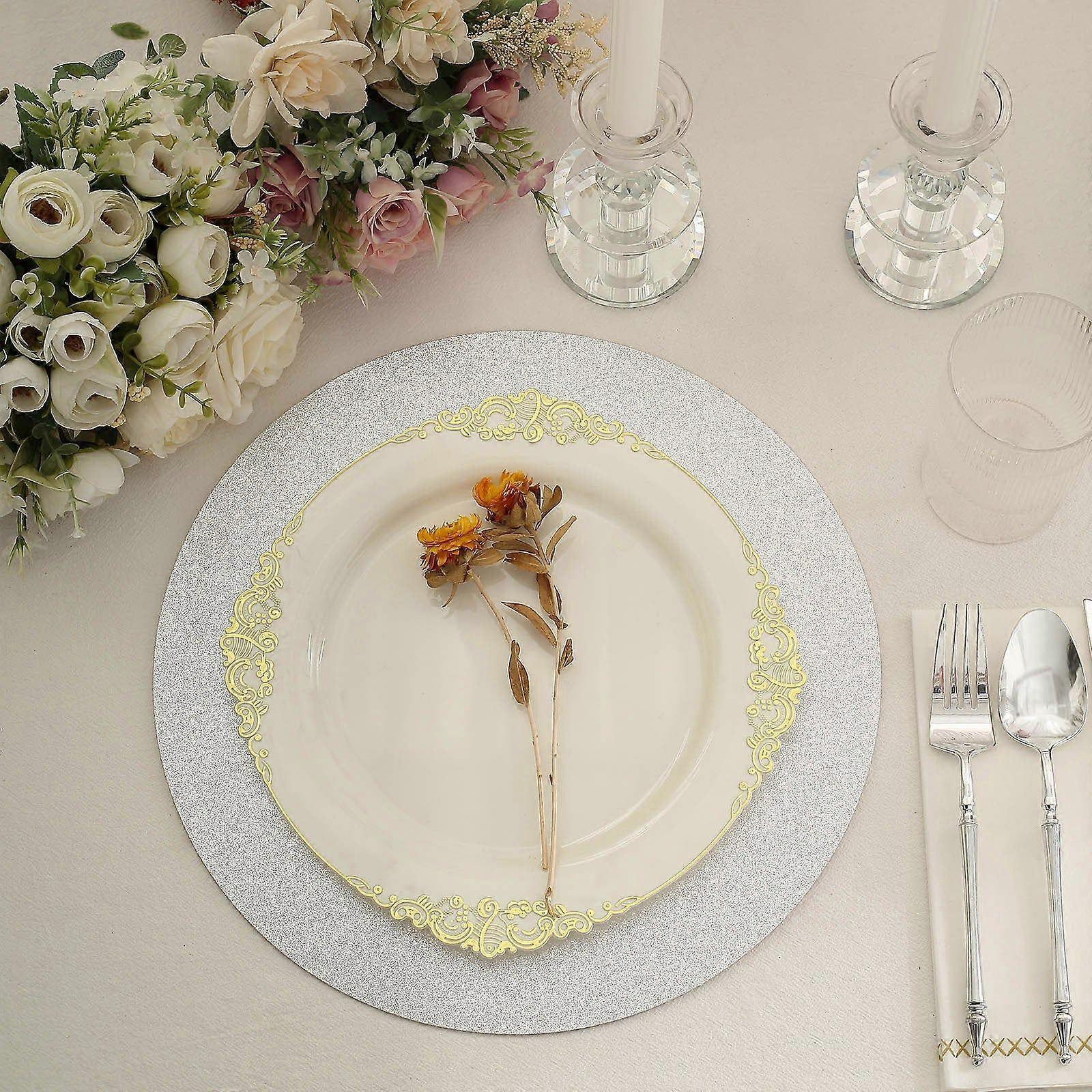 20 Pack | 13" Silver Glitter Round Paper Table Placemats, Disposable Dining Table Mats - 2