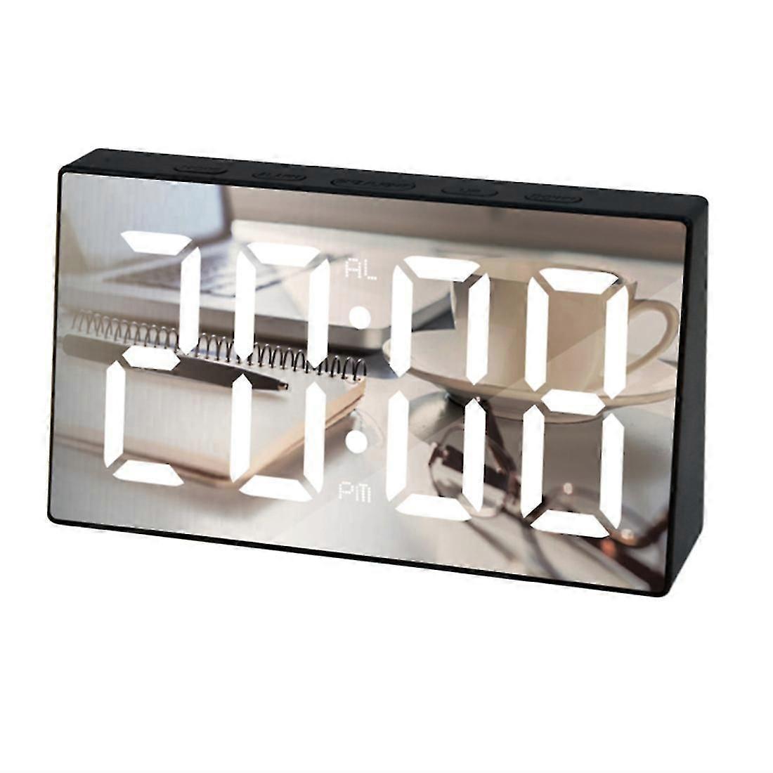 Led Mirror Digital Snooze Table Clock Wake Up Light Time Temperature Display Clock White