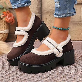 SYMOID damesko i brunt, chunky plateau-mønster – imitert shearling-stoff, metallspenne, 6-8 cm hæl, størrelser 36-43 (størrelse 38)