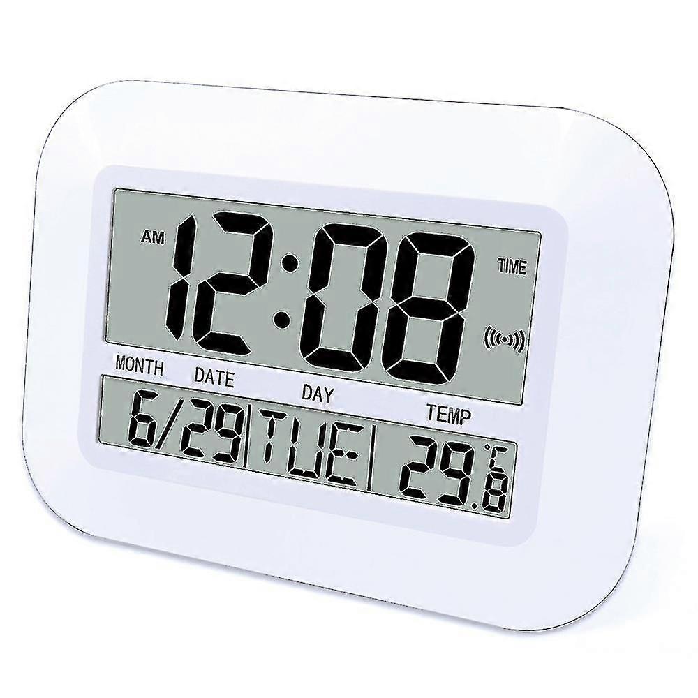 Digital wall clock, battery powered, simple temperature display, date display, suitable for office use.