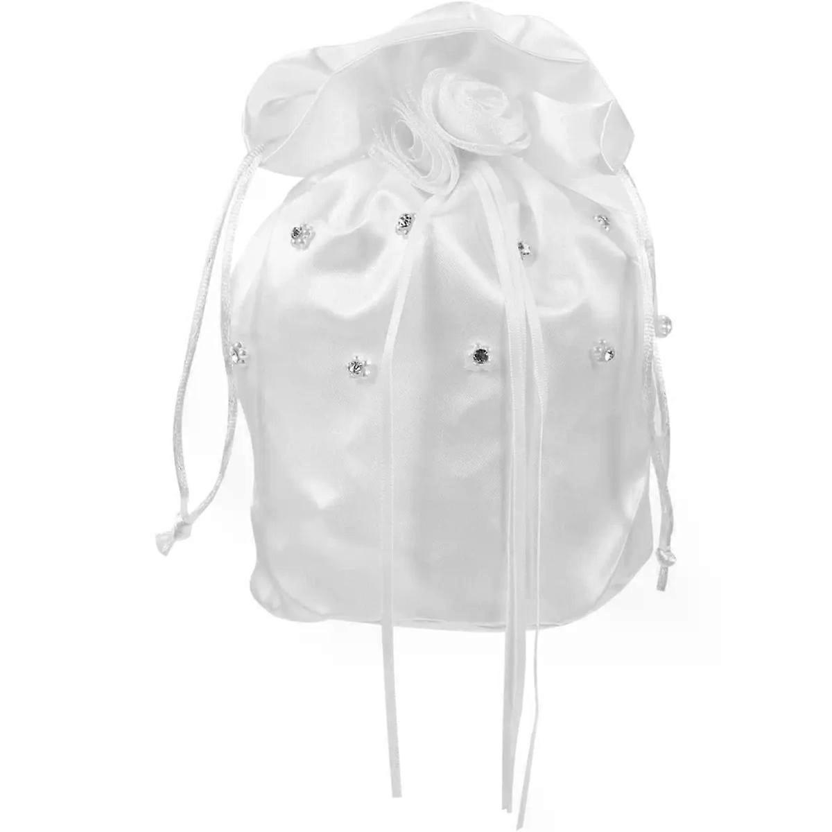 Pearl Rhinestone Bride Handbag with Drawstring and Handle White