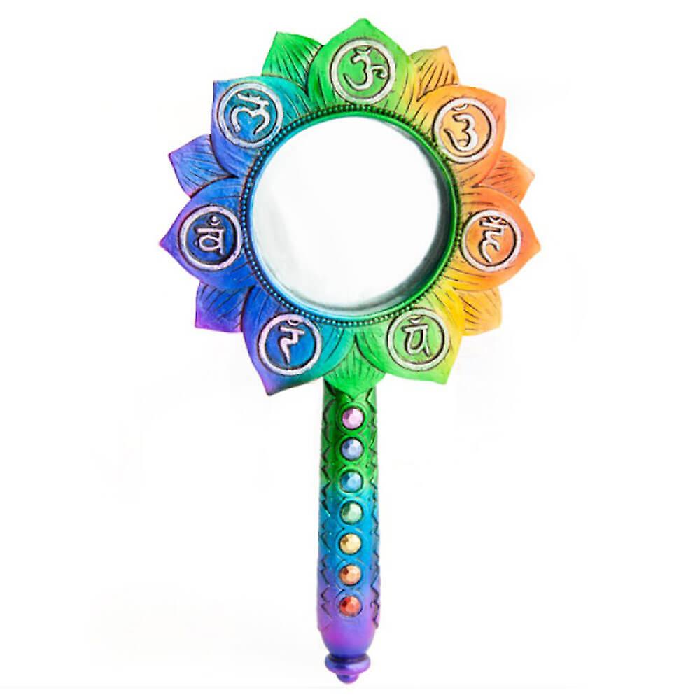 Lotus-Shaped Chakra Hand Mirror With A Chakra Symbol & Colored Gems Into Handle