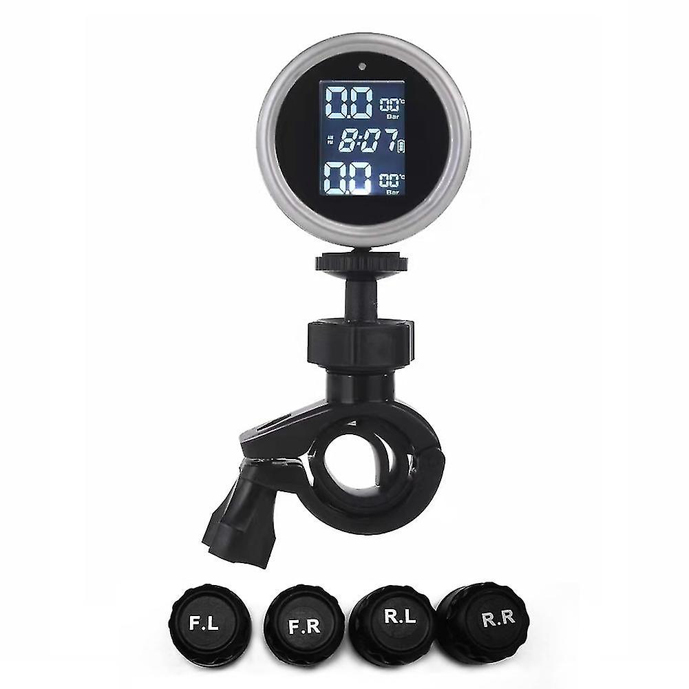 Black Universal Motorcycle Tpms Waterproof Digital Display Motorcycle Tire Pressure Monitor Set Tire Pressure Tire Temperature Battery Time Display So