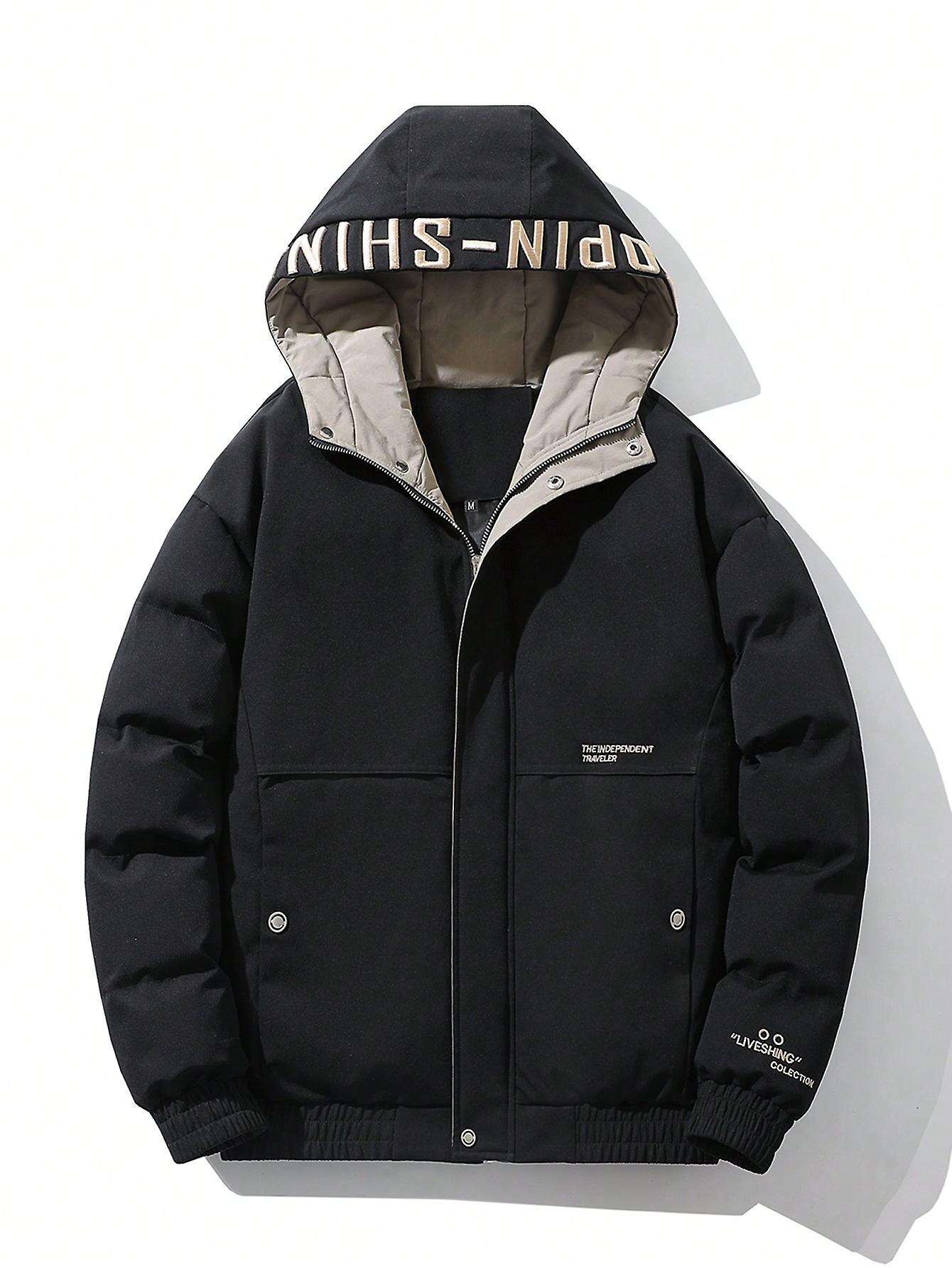 Men Letter Graphic Hooded Winter Coat