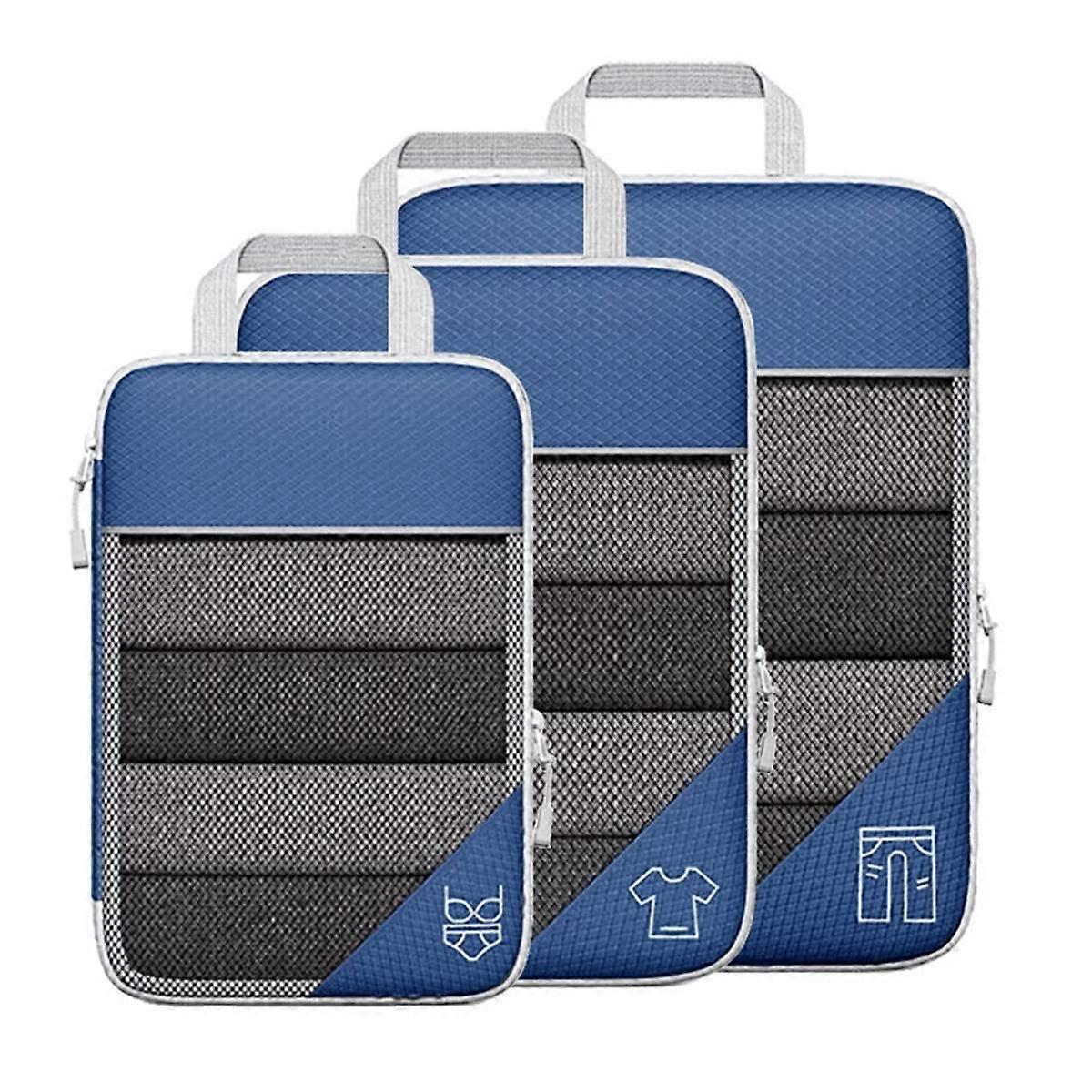 3 stuks draagbare tassen reizen samendrukbare opbergtas set mesh visuele bagage-organizer, blauw