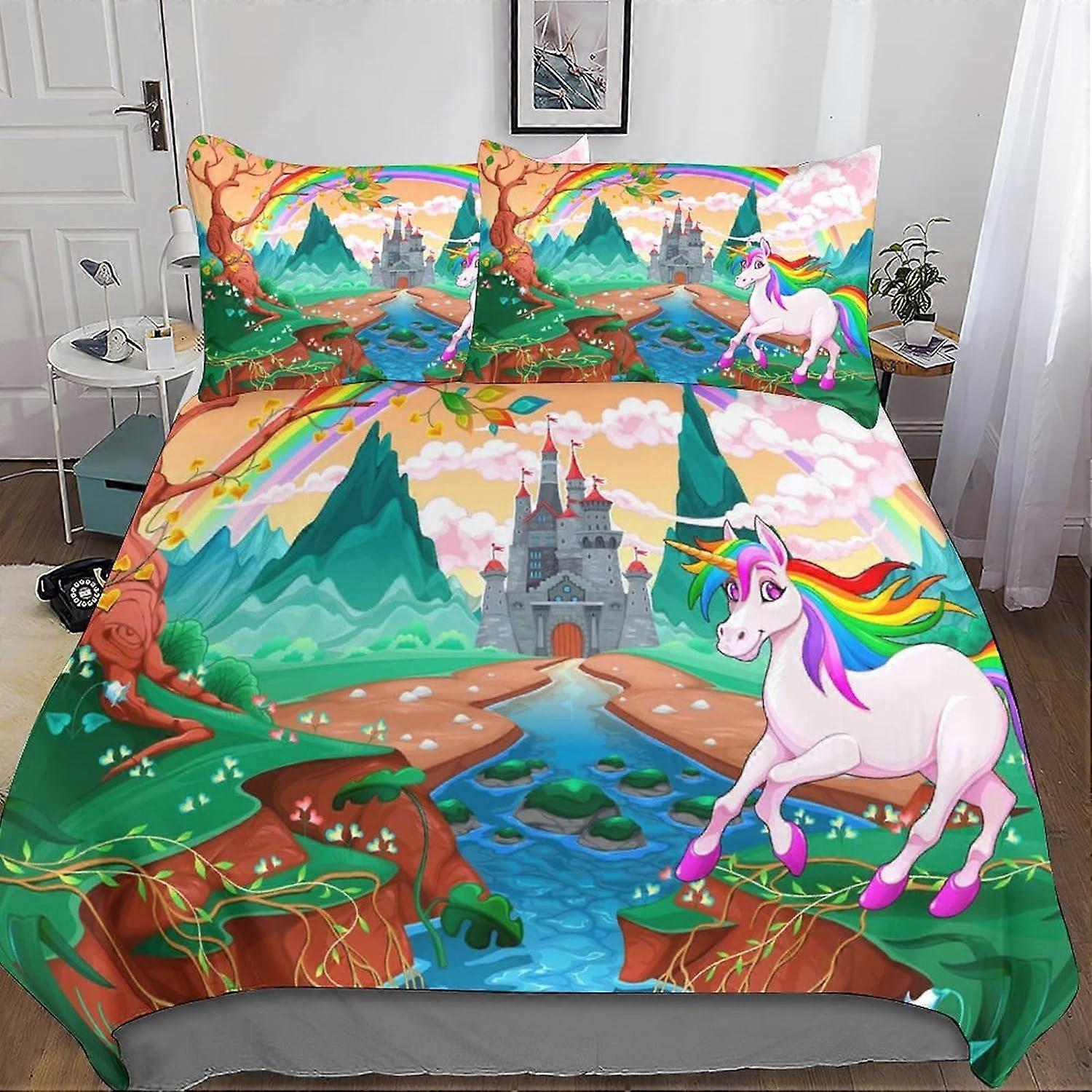 Unicorn Star Sängkläder Set Pieces, Microfiber Rainbow Unicorn Printing Zipper Closure Påslakan och Örngott King