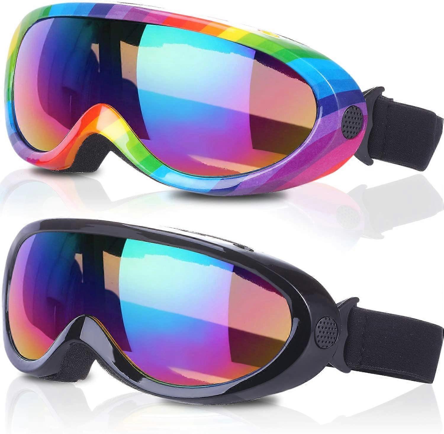 Ski Goggles, Pack of 2-Black Multicolor/Rainbow Multicolor, Snowboard Goggles for Kids, Boys & Girls, Youth, Men