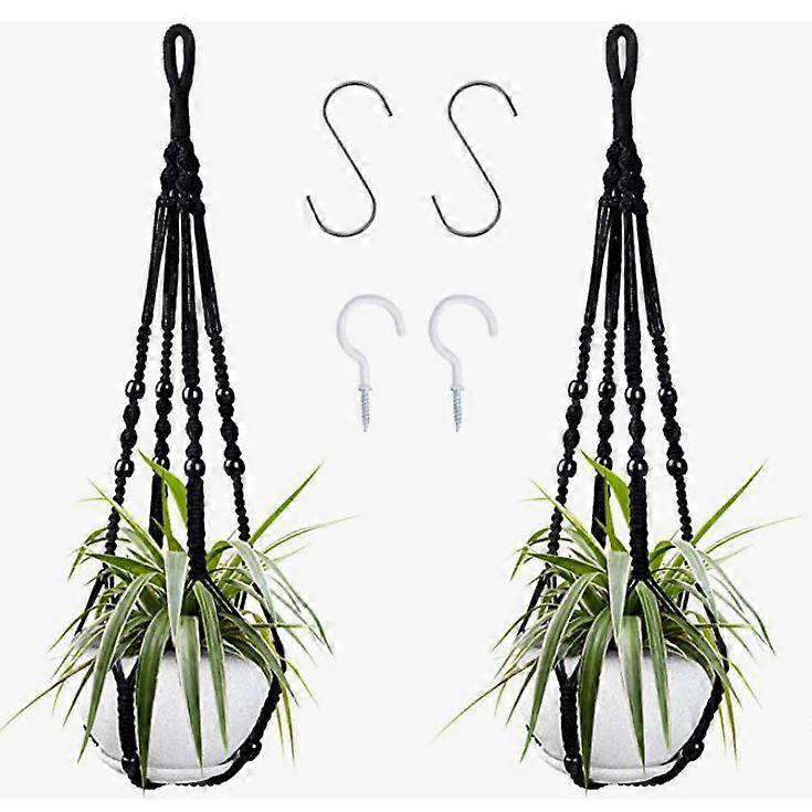 2ピースハンギングバスケット ボヘミアンデコレーションコットンロープハンギングバスケット 植木鉢ハンガーハンガー 屋内屋外天井バルコニー壁装飾用 89cm(ブラック