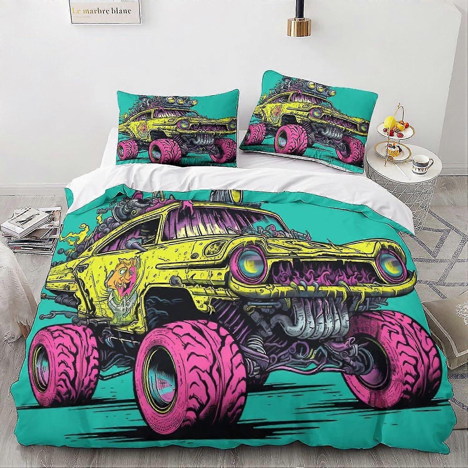 o3488 Lençóis Monstro Cama Capa de Edredão 3D Carro Vintage Impresso Colcha Capa de Edredão com Fecho de Zíper, Roupa de Cama dos desenhos animados Lençóis de Cama de Casal fVV3488