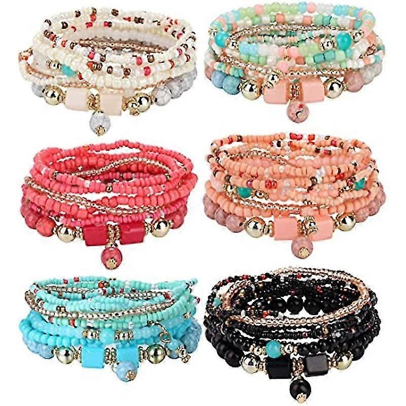 Chawei 60pcs 6 Sets Bohemian Stackable Bead Bracelets For Women Men Multilayered Bracelet Set Pendant Charm Stretch Bangles