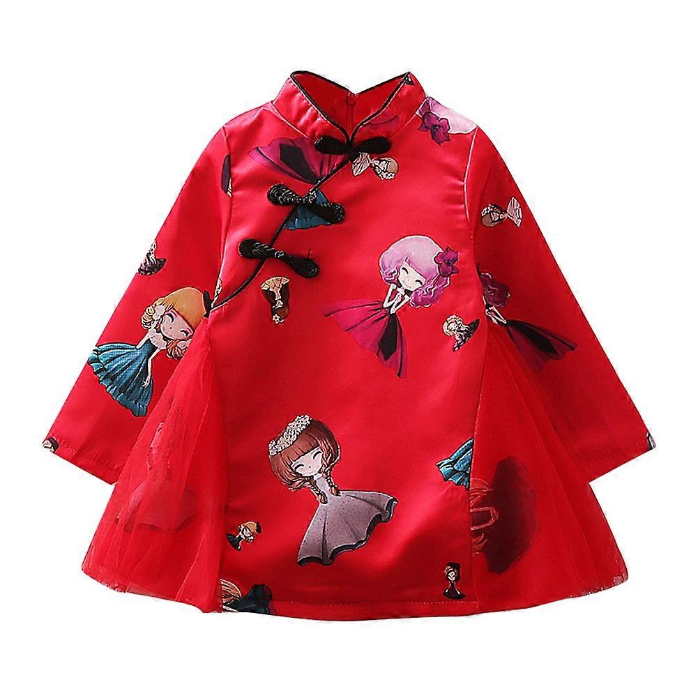 ילדים חמודים שמלה פרחונית הדפס שמלה תינוקת Cheongsam שמלת תחרה נסיכה (אדום 100)