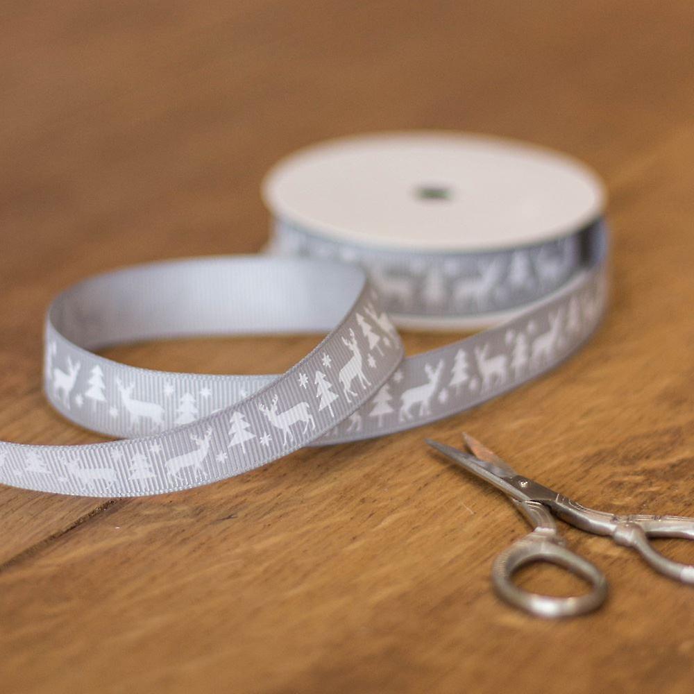 Christmas Grosgrain Ribbon - Silver - Stag Tree - 16mm x 5m