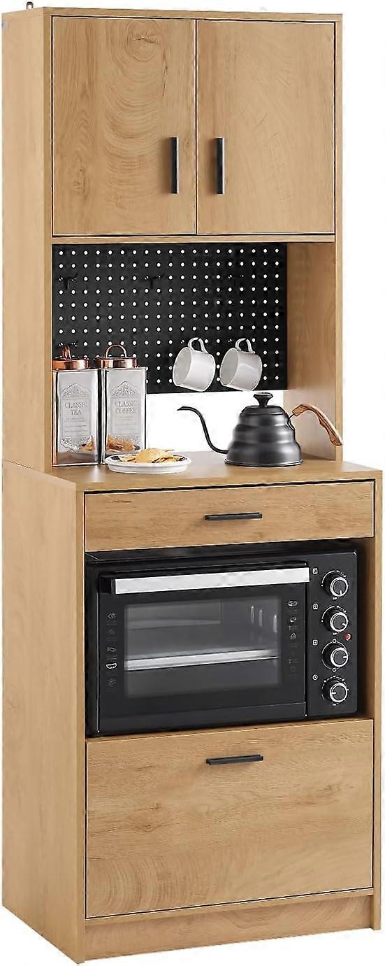 SoBuy FSB98-N,Tall Cabinet with Pegboard Microwave Sideboard Cabinet Kitchen Storage Unit and Microwave Shelf Oak Effect Cupboard with 2 Drawer