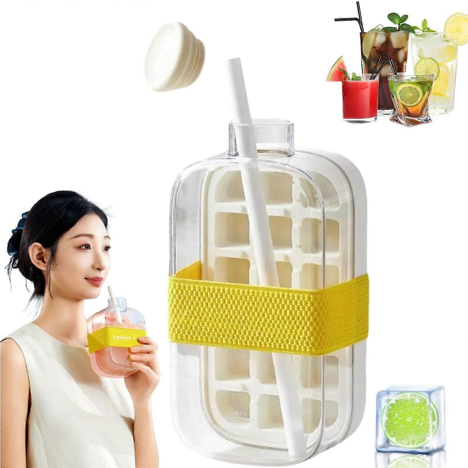2-in-1 Ice Cube Tray Water Bottle with Straw, Touch-Free Easy-Release Freezer Bottle, Gym Ice Mold Water Bottle for Juice Coffee