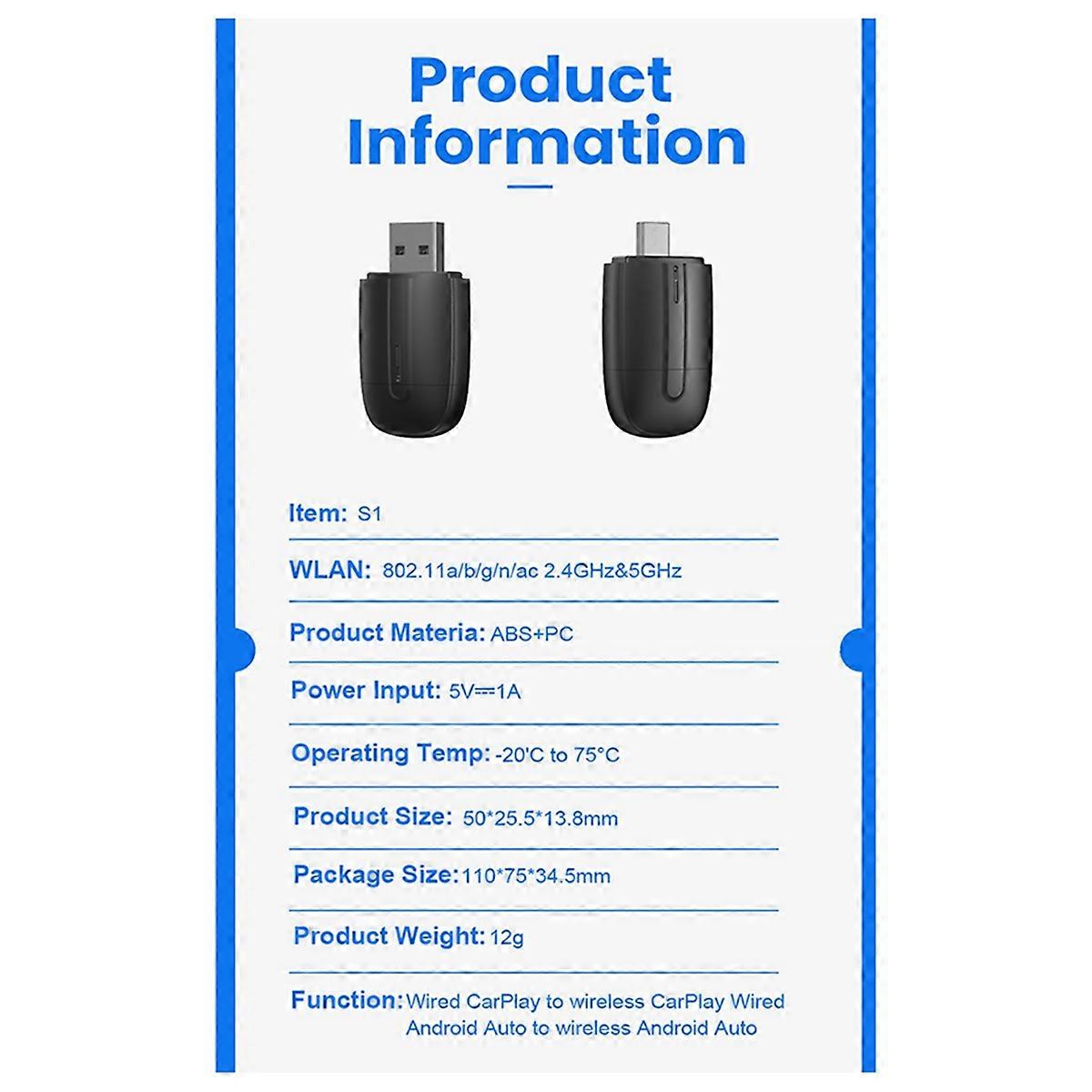 Wireless CarPlay Android Auto Adapter 5Ghz WiFi Type-C/USB