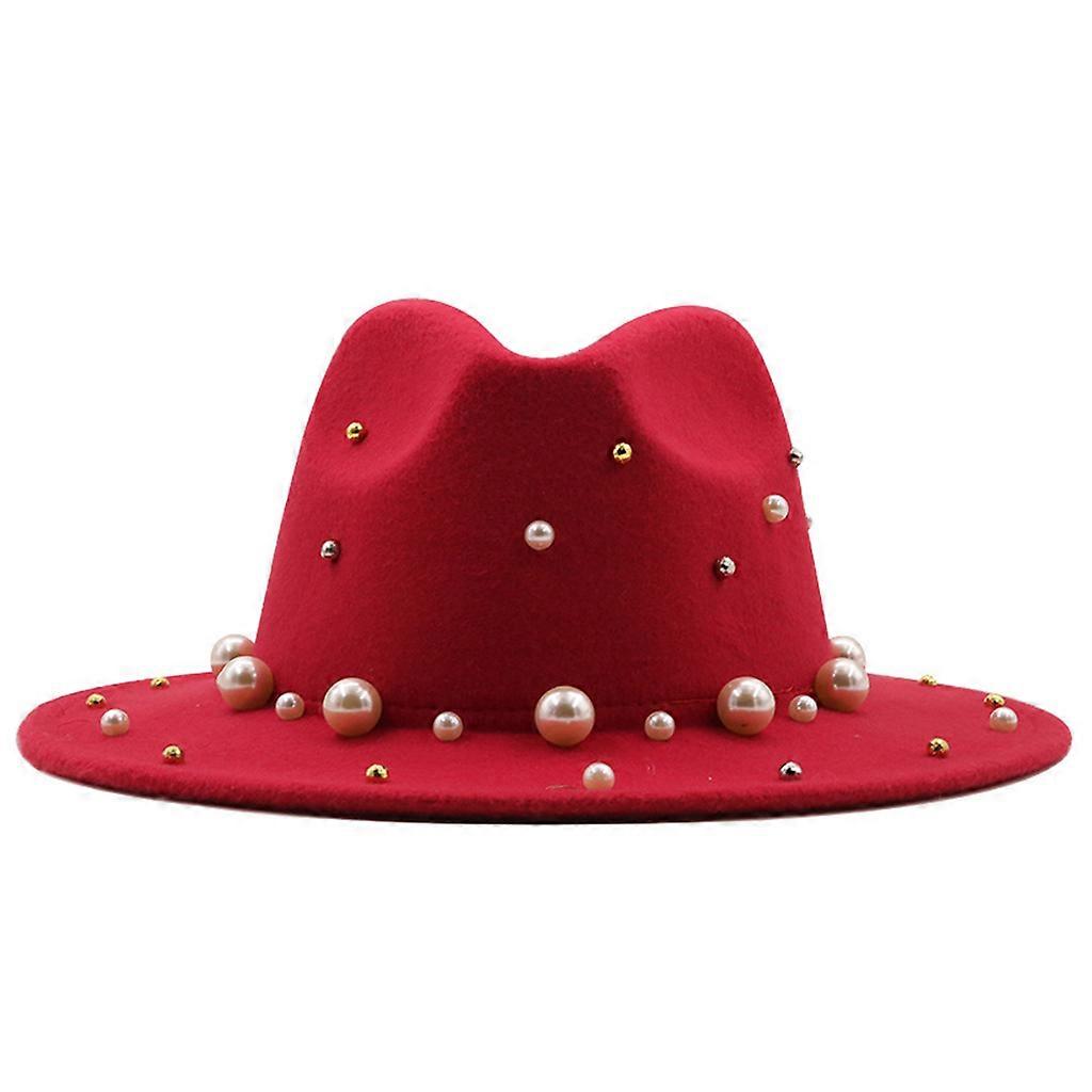 Casual Wide Brim Church Jazz Cap Pearl Jazz Top Hat Wool Big Brim Pearl Jazz Top Hat Church Hat for Men Women  Scarlet