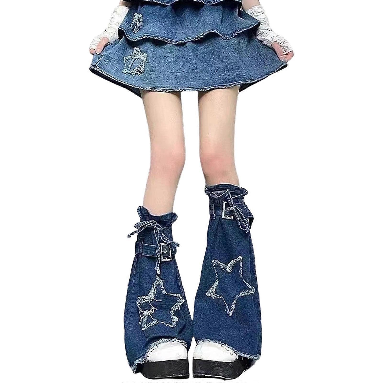 女性デニムレッグウォーマーガールズ80年代原宿パンクロングレッグソックスフレアレッグスリーブゴシック服ストリートファッションブルー