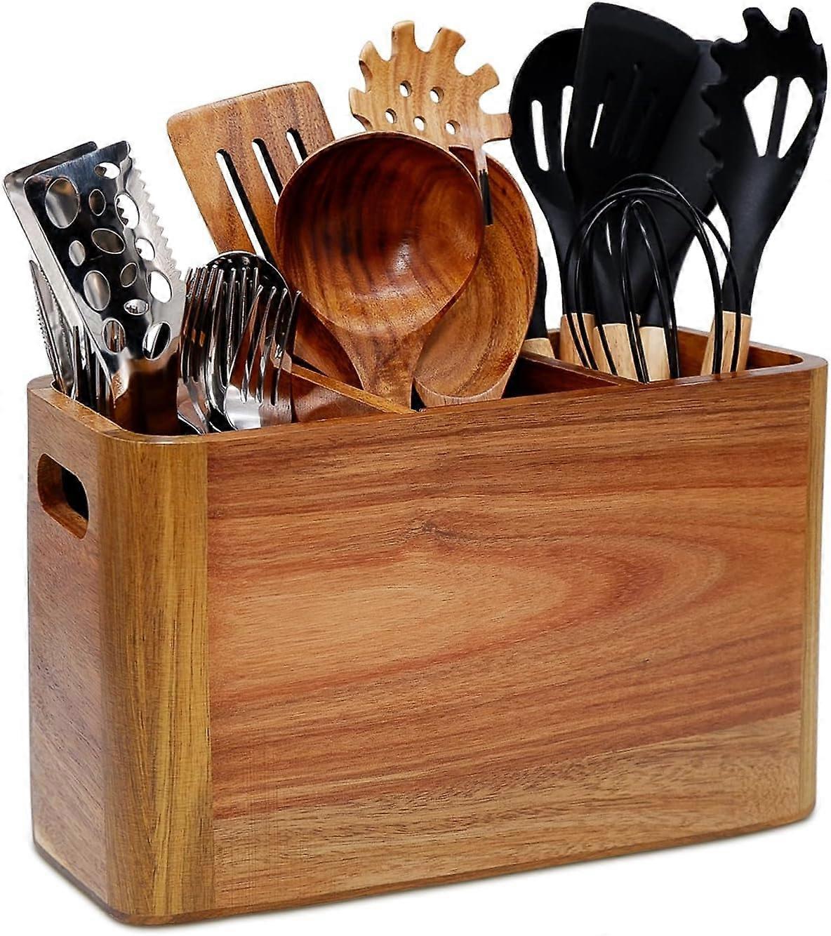 Large Acacia Rustic Wooden Kitchen Utensil Holder Organizer for Counter Countertop Extra Large.