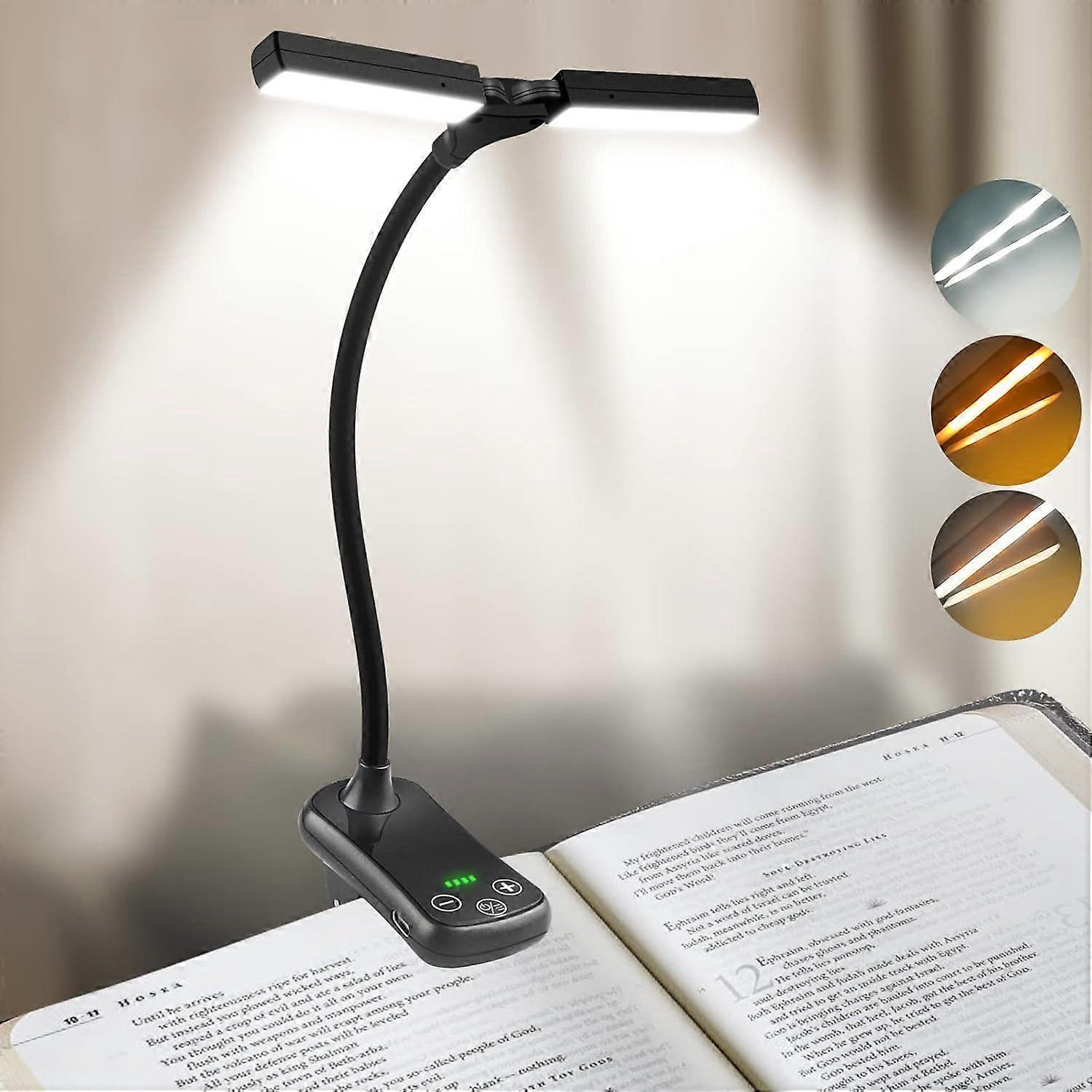 14 LED Double Head Reading Light, USB Rechargeable Clip-On Reading Light, Book Light 360Flexible Neck, 3 Color  Stepless Dimming, Portable for Reading