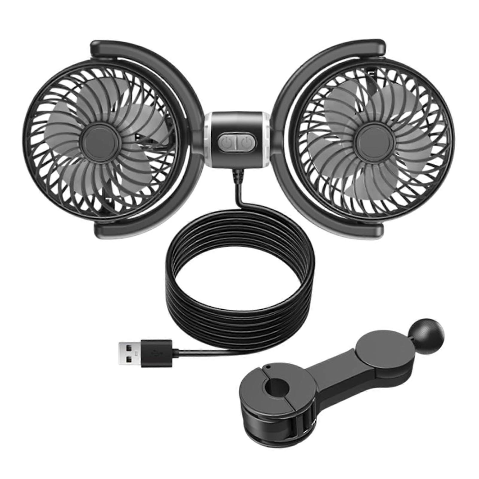 Backseat Car Fan Double Head USB Cooling Fan 360 Degree Rotation Compact Portable Travel Accessory