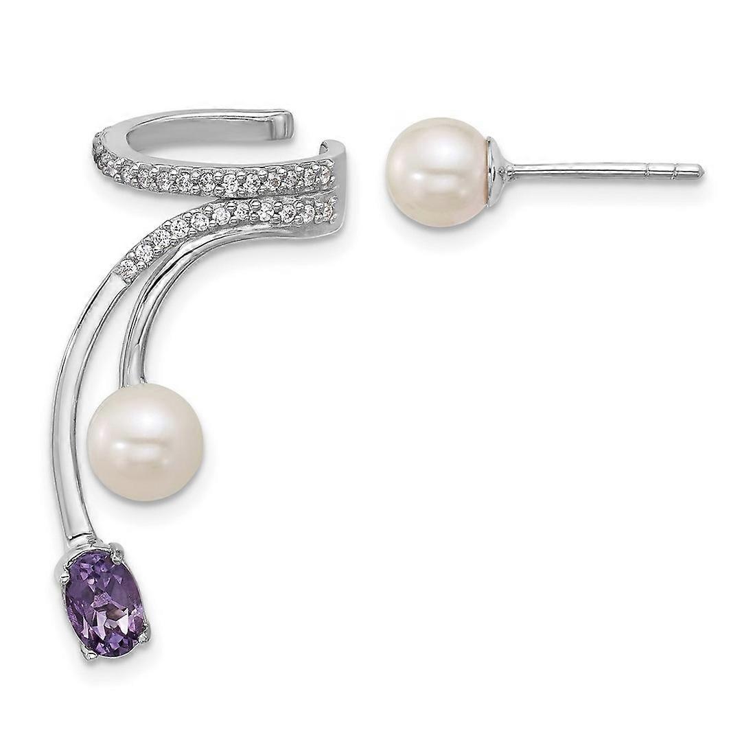 Ss Rhodium Plated Cubic Zirconia Fwc Pearl Amethyst Post and Cuff Asymmetric Earrings 33.6x12.15mm Wide Ear-Cuff for Wom