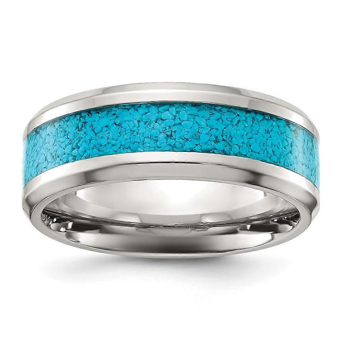 Titanium Polished With Simulated Turquoise Inlay 8mm Band Ring for Women and Men - Ring Size: 8 to 13