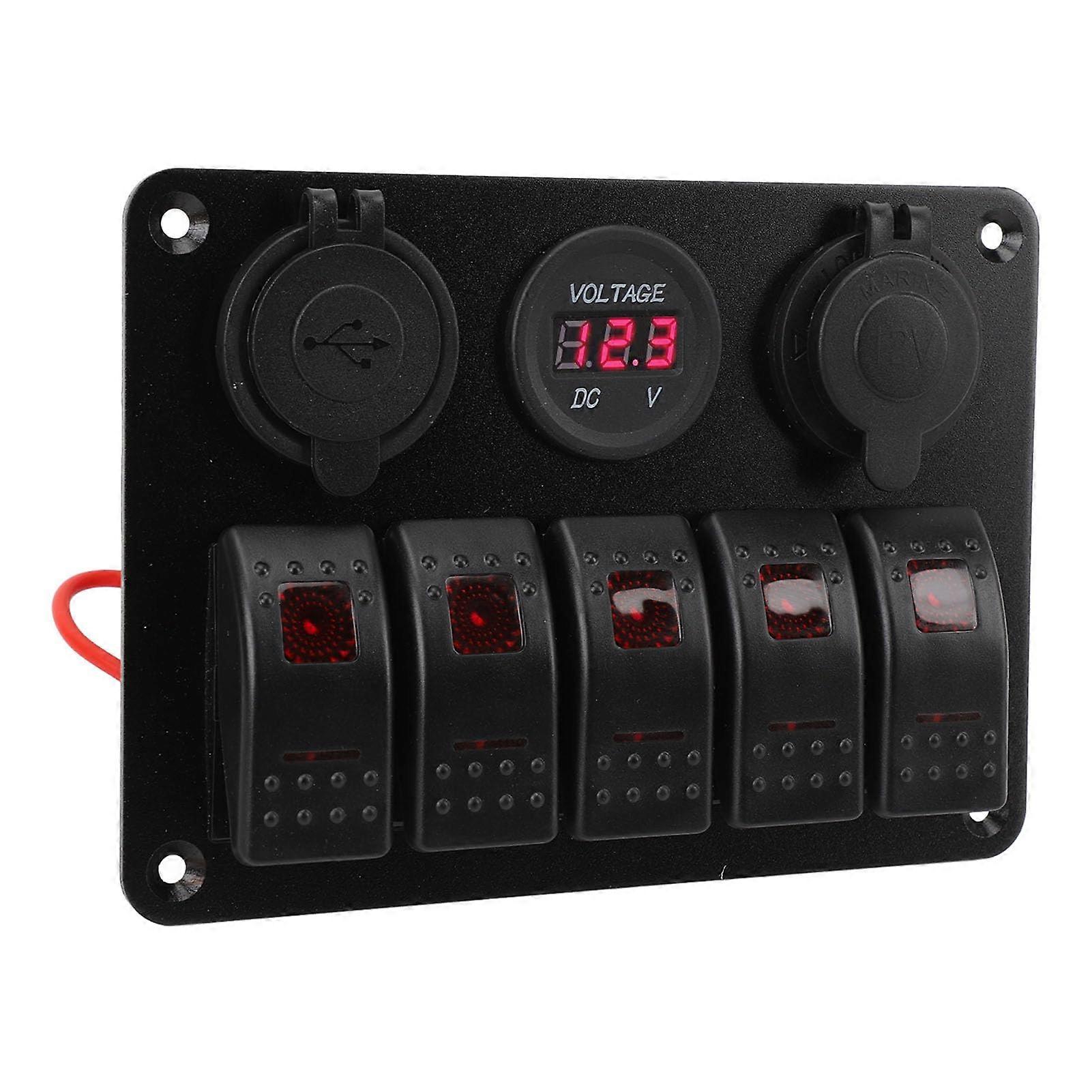 5 Gang Rocker Switch Panel, Oxidation 5 Gang Voltmeter Rocker Switch Panel with Dual USB Cigar Lighter Socket for Boat