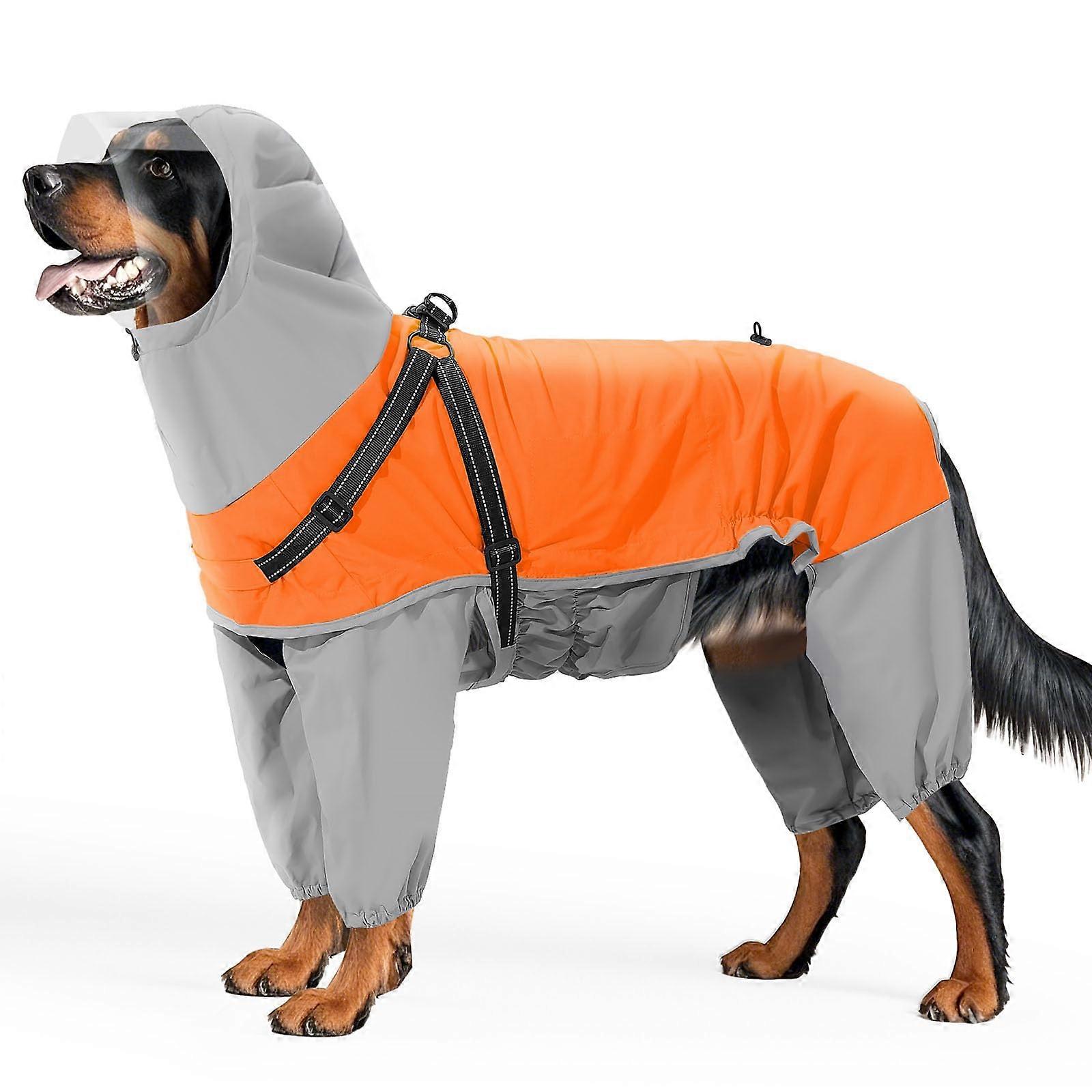 4-Legged Dog Raincoat Harness for Small Medium Large Dogs, Reflective Waterproof Jacket with Adjustable Belly Strap in Orange