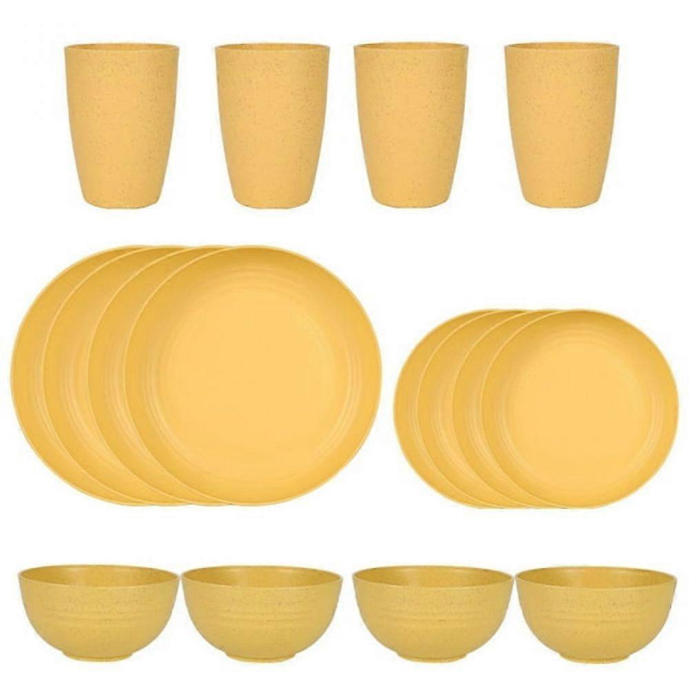 16pcs Wheat Straw Dinnerware Set,Plates and Bowls Set,Camping Dish Set for 4, Plastic Dinnerware Set,Dishwasher Safe Dinnerware Set,Yellow