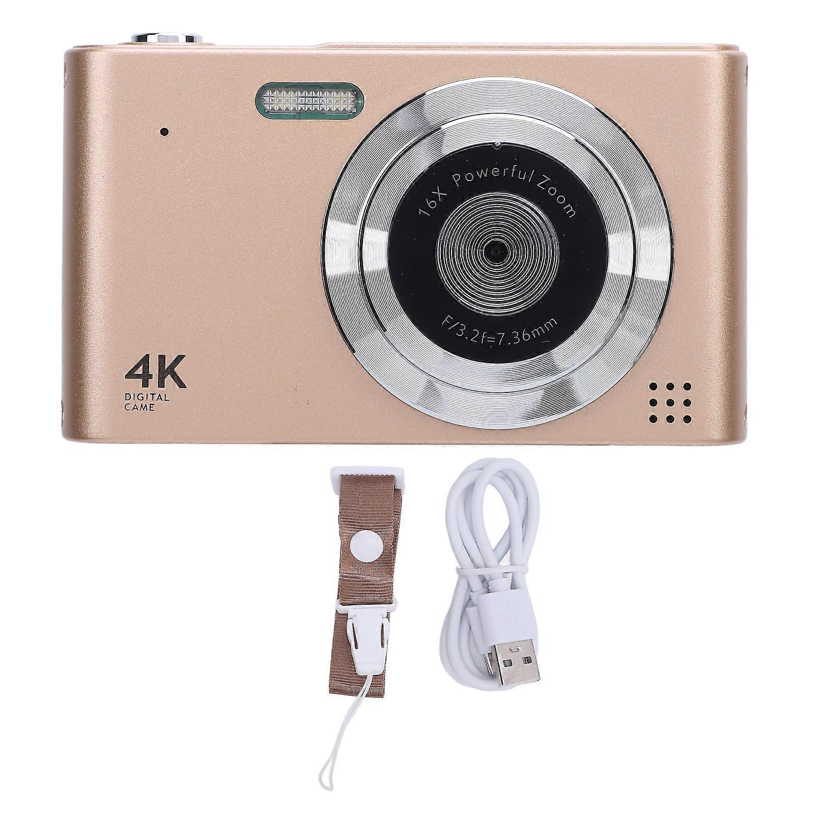Compact Digital Camera with 16x Zoom, 4K, 48 MP, 2.4 inch IPS Screen, Anti-Shake, Video Recording, for Travel, with Flash, Gold