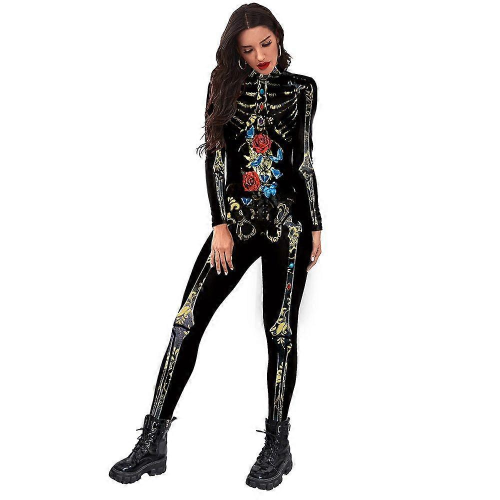 Womens 3D Skeleton Floral Jumpsuit Long Sleeve Digital Print Bodysuit Perfect for Halloween, Cosplay & Costume Parties