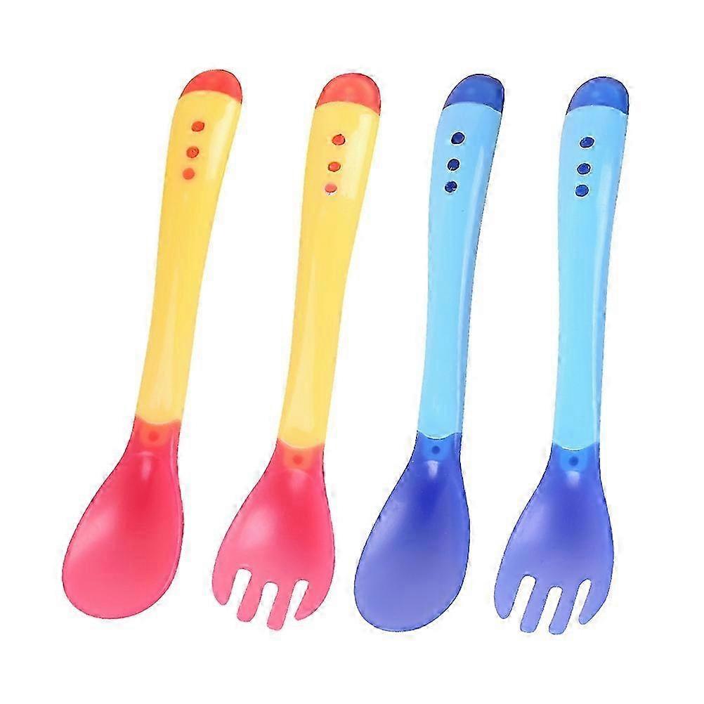 4pcs Baby Tableware Tip Portable Cutlery Fork Tableware Temperature Sensing Spoon Yellow Fork and Sp