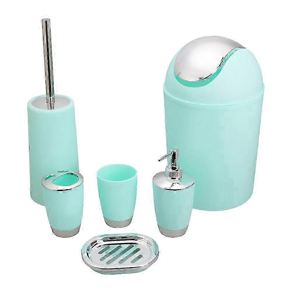 6Pcs Bathroom Set - Mint Green Lotion Bottle, Toothbrush, Cup & Bin