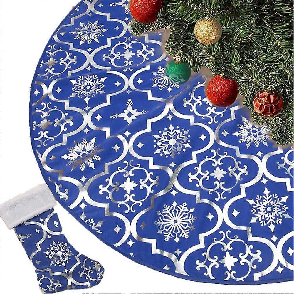 48-Inch Blue Christmas Tree Skirt with Snowflake Design, Soft Fabric Farmhouse Decor for Holiday Trees
