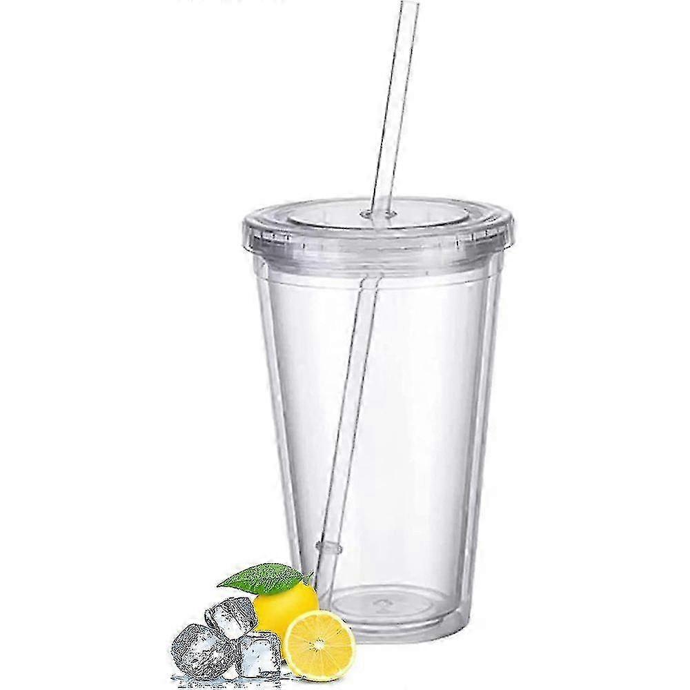 Reusable Plastic Cups,acsergery Double-walled Transparent Drinking Cup With Straw hwy