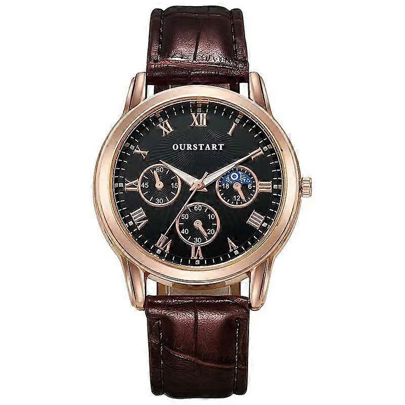 OURSTART Men 3-Eye Decorative Quartz Leather Strap Watch