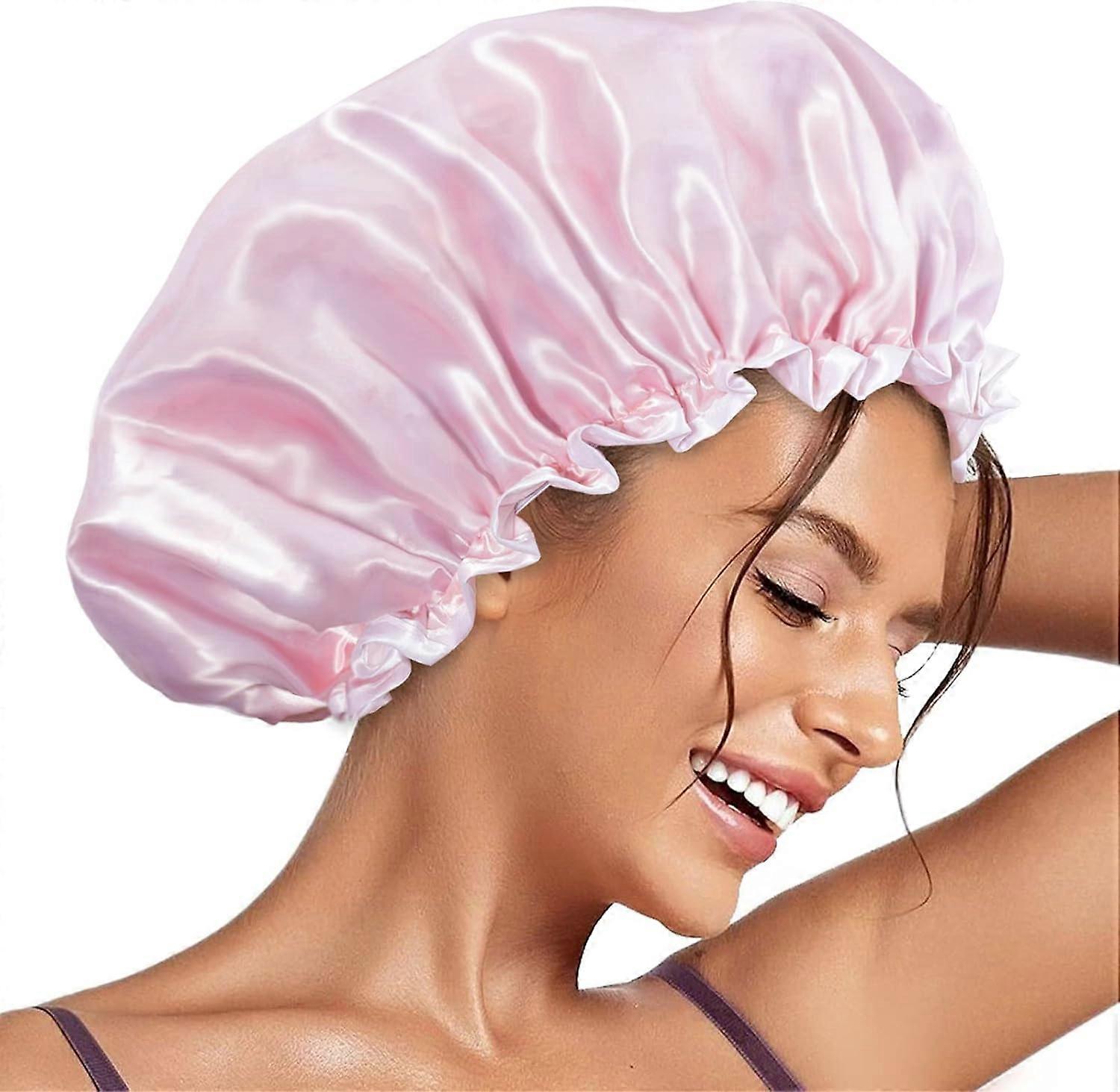 Reusable shower cap for women, double layer waterproof hair cap, large size for all hair lengths, for girls spa home salon use (pink cloud)