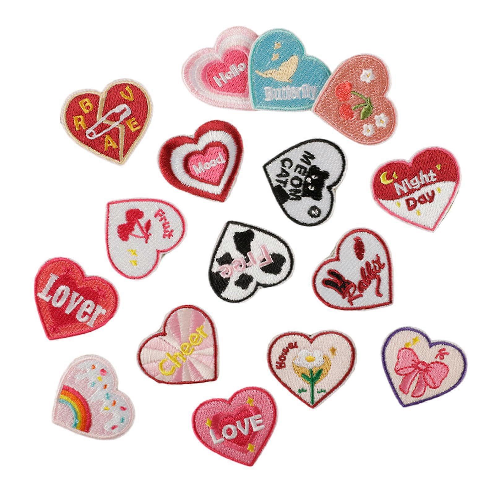 Embroidered Iron-On Patches 16-Piece Set, Heart Motif, Flower Design, For Clothing And Bags, Iron-On Backing