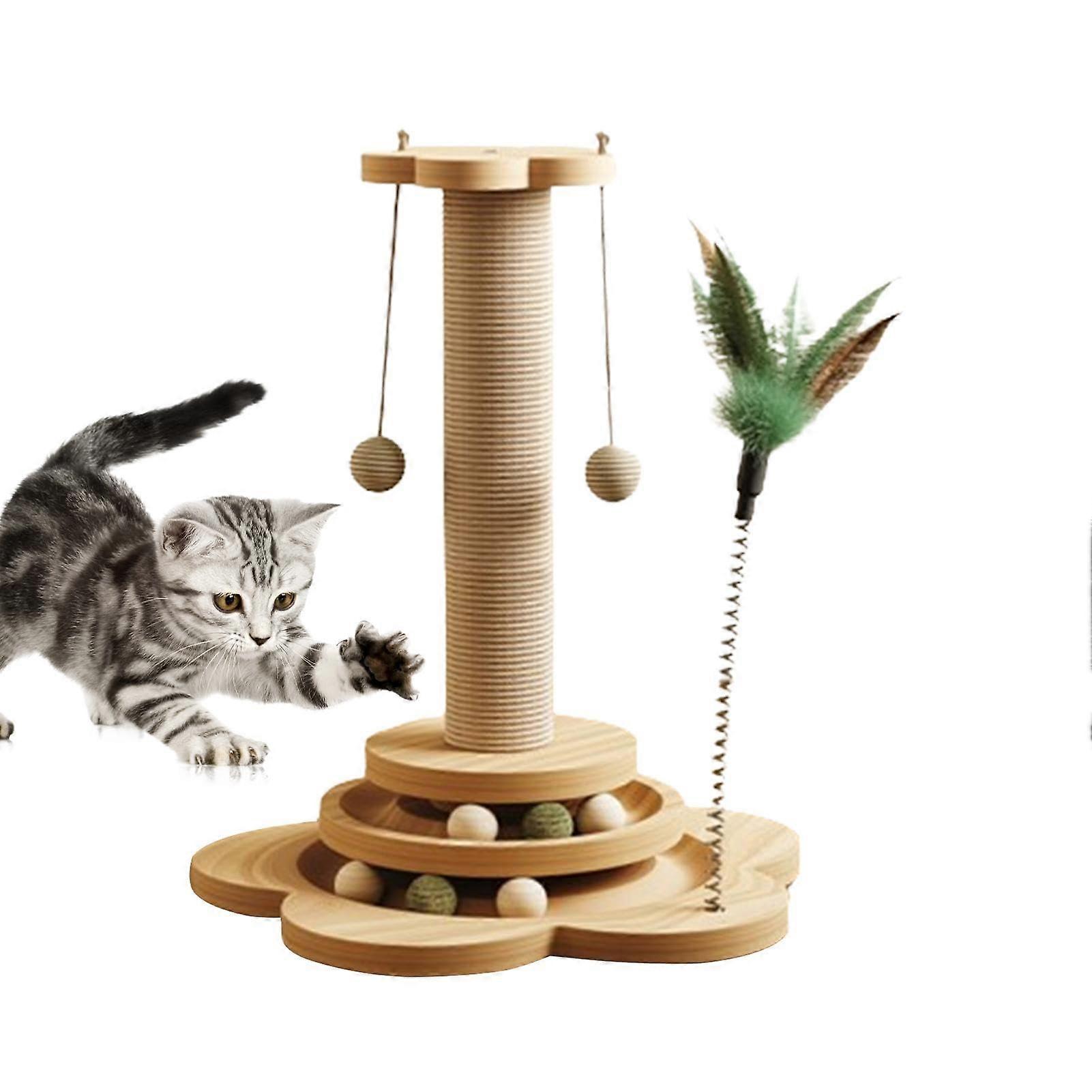 Cat Scratching Post - Small Interactive Cat Toy with Feather and Balls, Durable Scratching Furniture for Indoor Cats