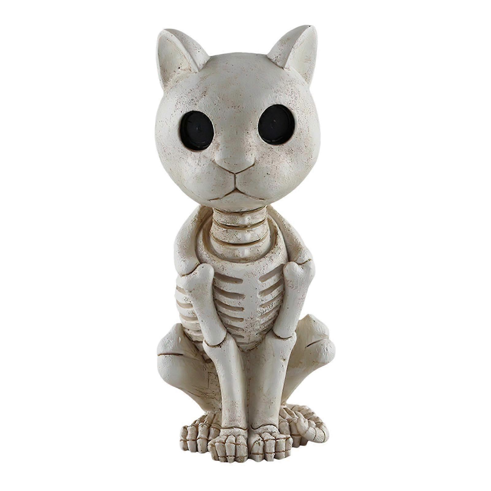 Skeleton Cat Statue - Black Decorative Skull Figure for Halloween, Day of the Dead, 12-Inch Resin Prop