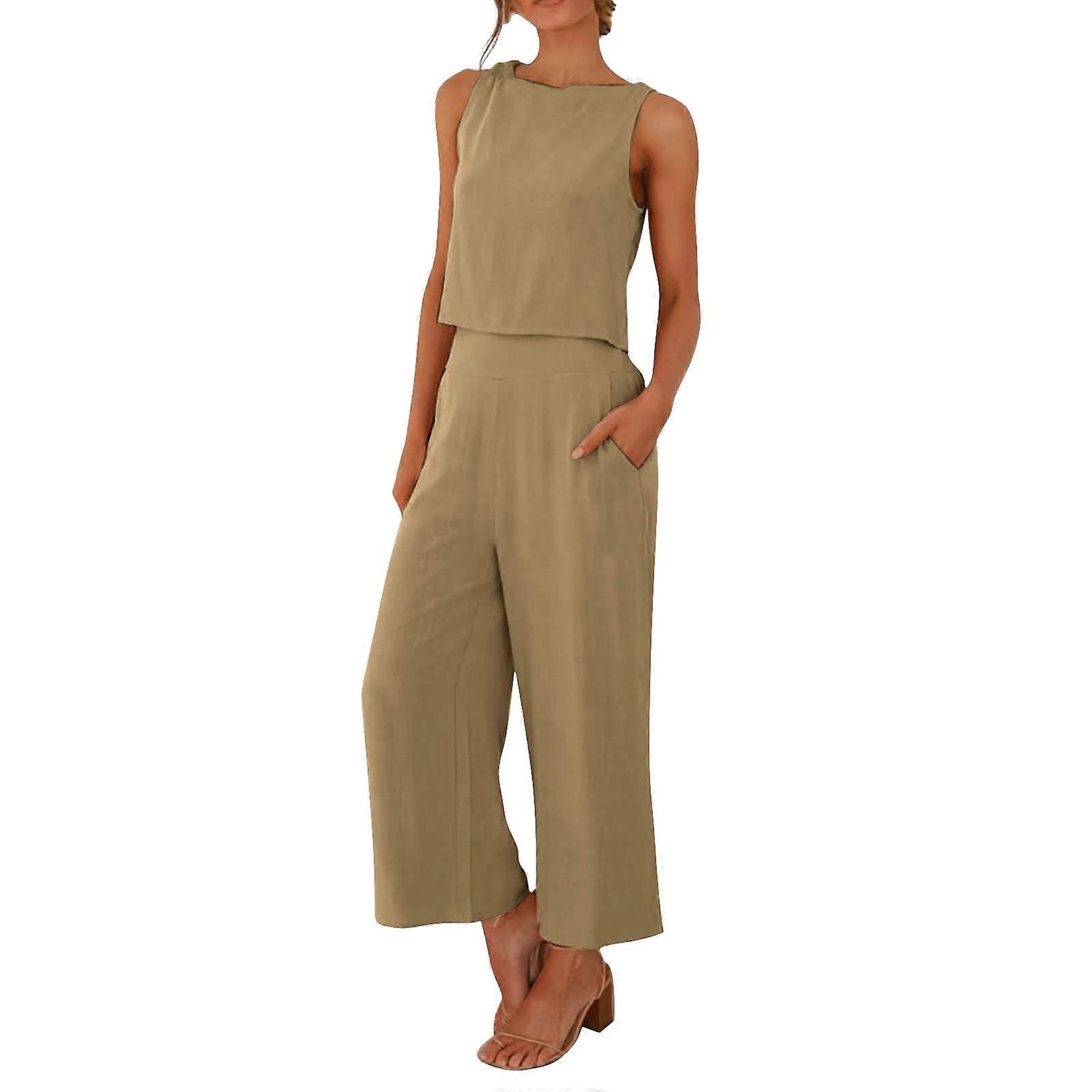 Summer Women's Linen Jumpsuit Set - Sleeveless Tank Top and Casual 7/8 Wide Leg Trousers, Khaki, XXL, Elegant Loungewear