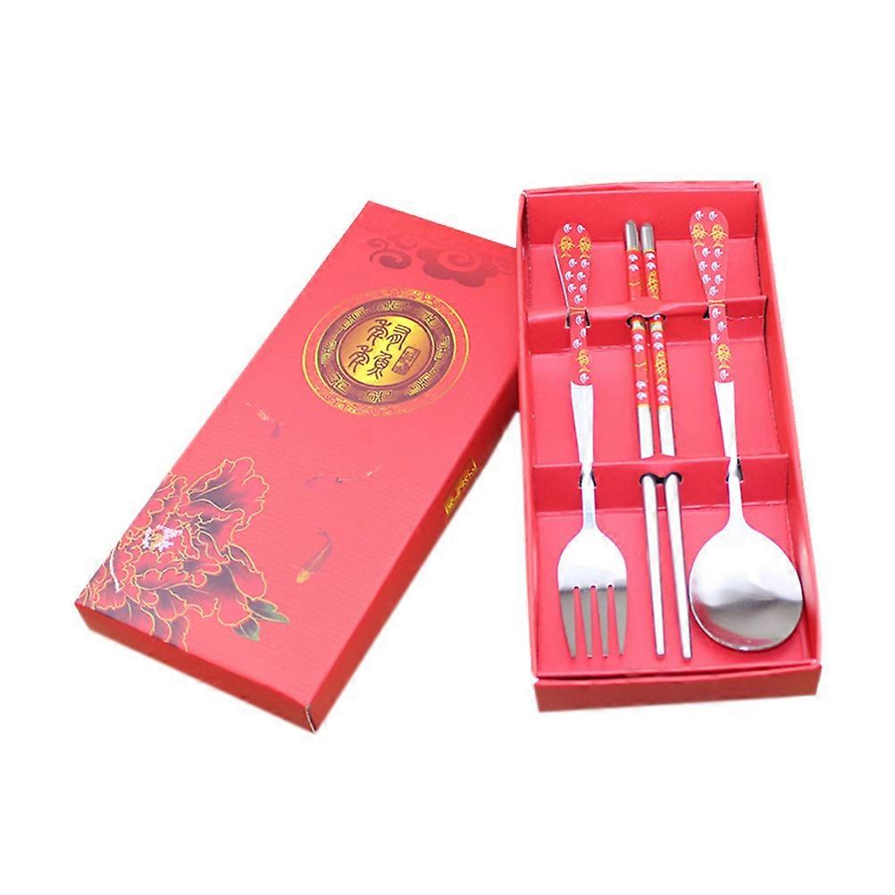 Stainless Steel Cutlery Set with Spoon Fork and Chopsticks in Red Case Great for Traveling and Outdoor Use 3 Piece