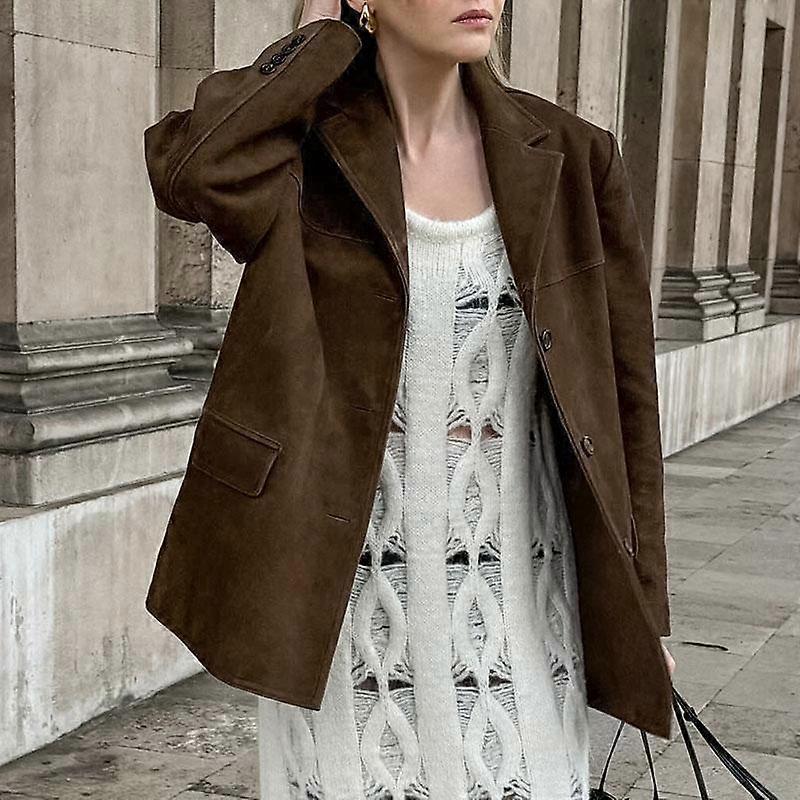 Vintage mockajackor Kvinnlig Casual Lös V-hals Enkelknäppt Kappor Kvinna 2024 Höst Vinter Mode Solida Ytterkläder Lady