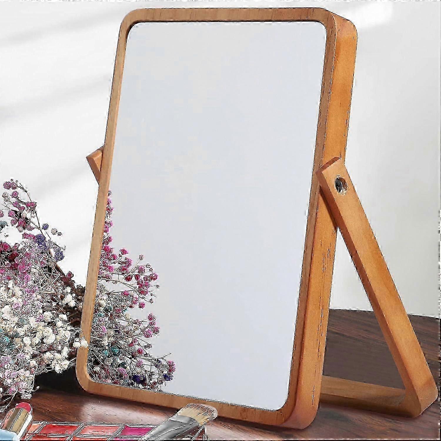 Large Portable Makeup Mirror with Multi Stand Angle, 360 Swivel Foldable Bamboo Table Top Mirror for Hands-Free & Standing Use 
