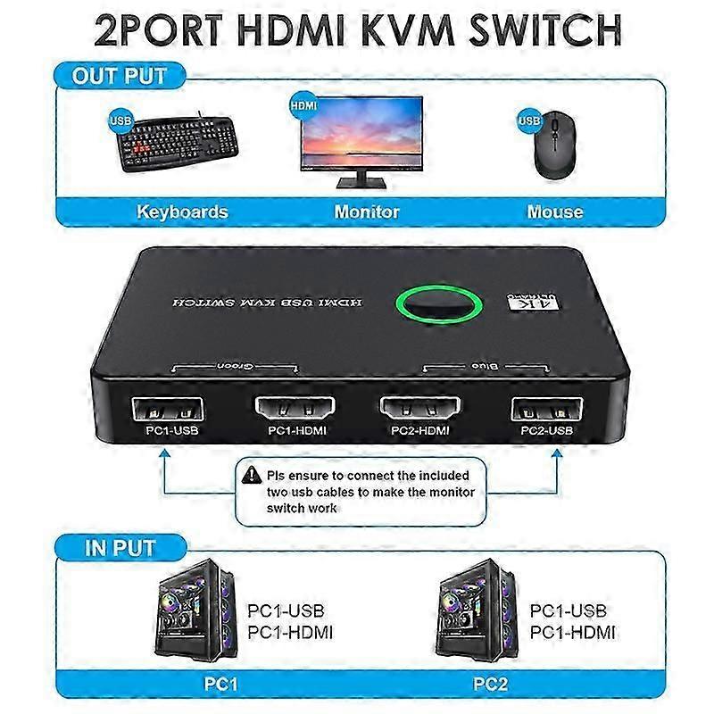 KVM Switch 2 Port Box USB and -Compatible Switch for 2 Computers Share Keyboard Mouse Printer and On