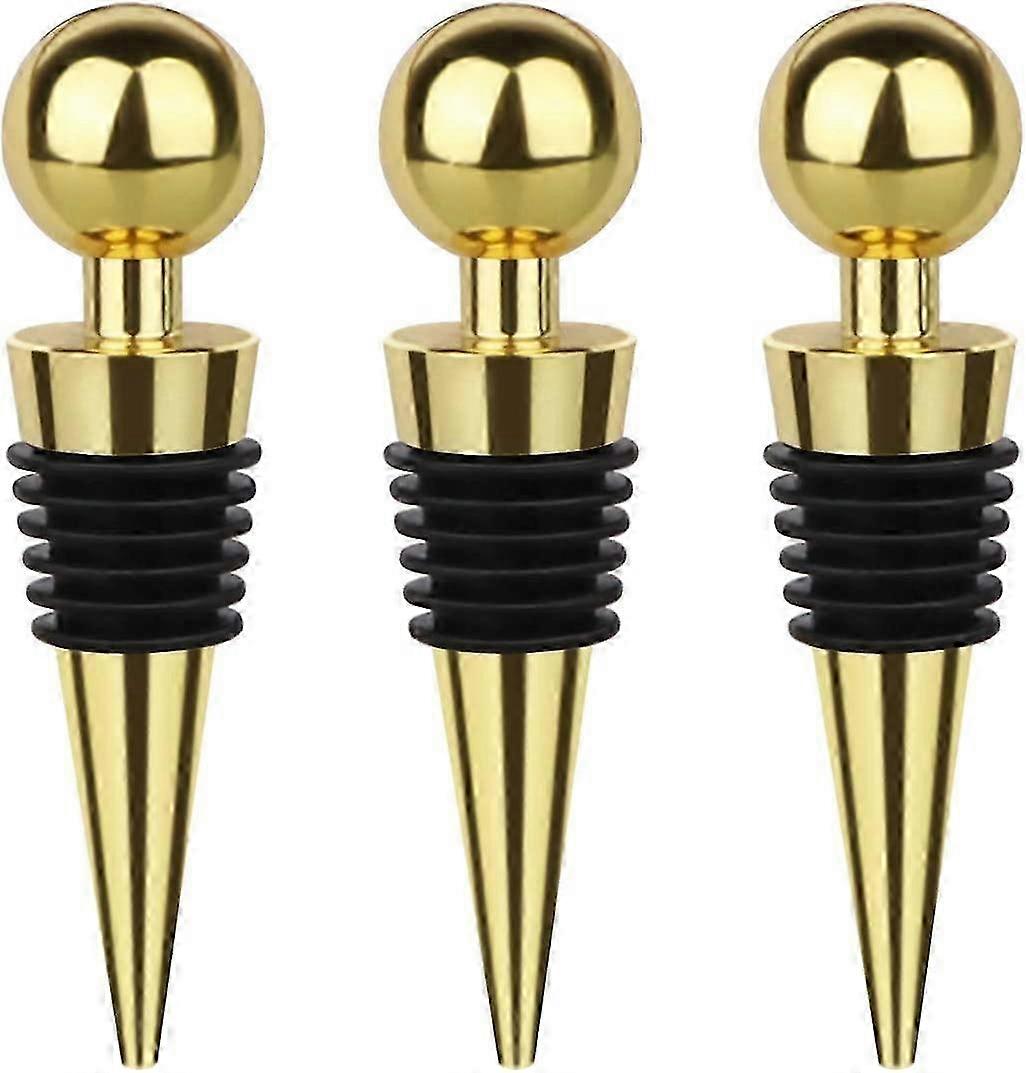 Set of 3 Durable Plastic Wine Stoppers, Gold Tone, Compatible with Most Bottles