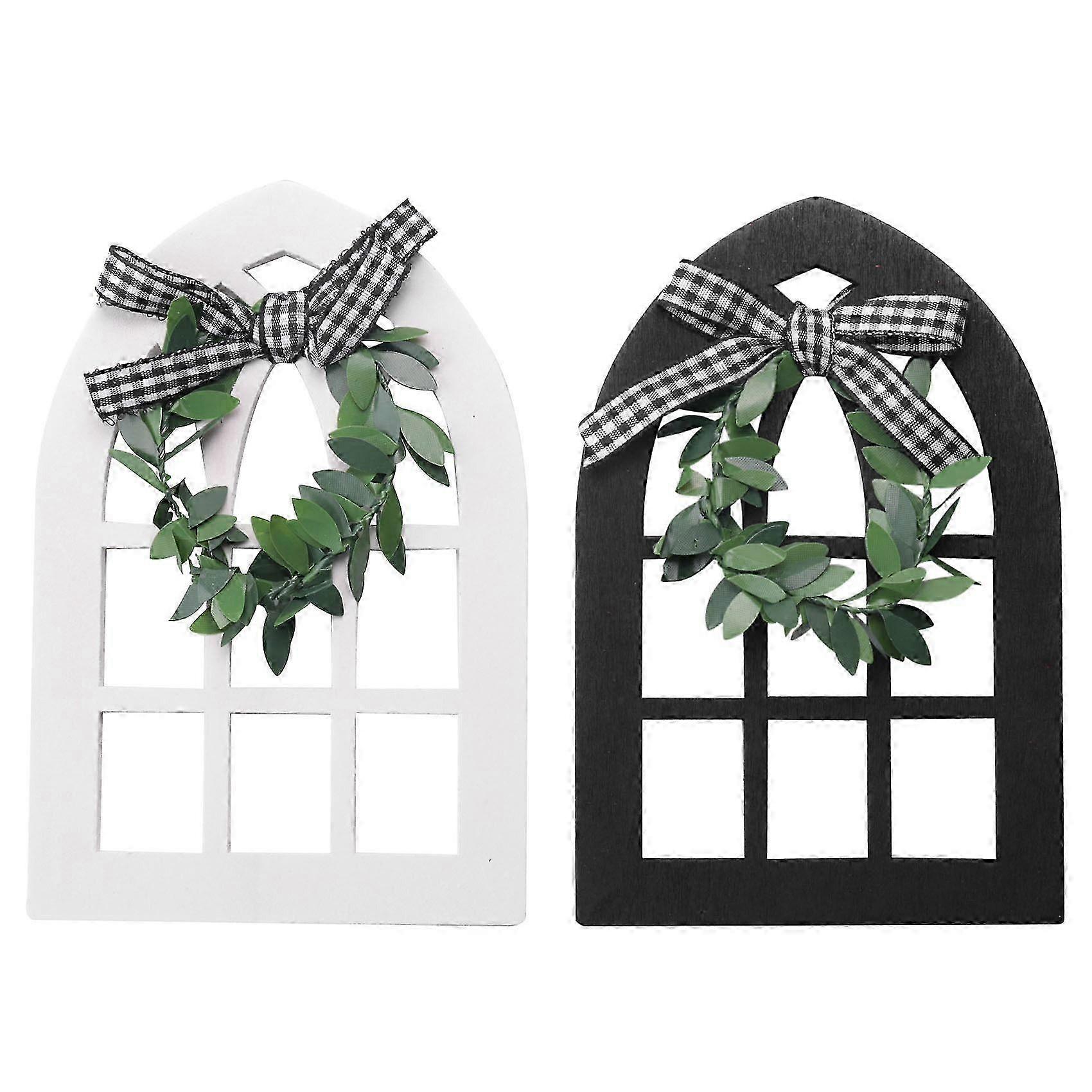 2Pcs Wooden Farmhouse Window Tiered Tray Decoration Rustic Farmhouse Decor Cathedral Arch Window Shelf Photo Prop