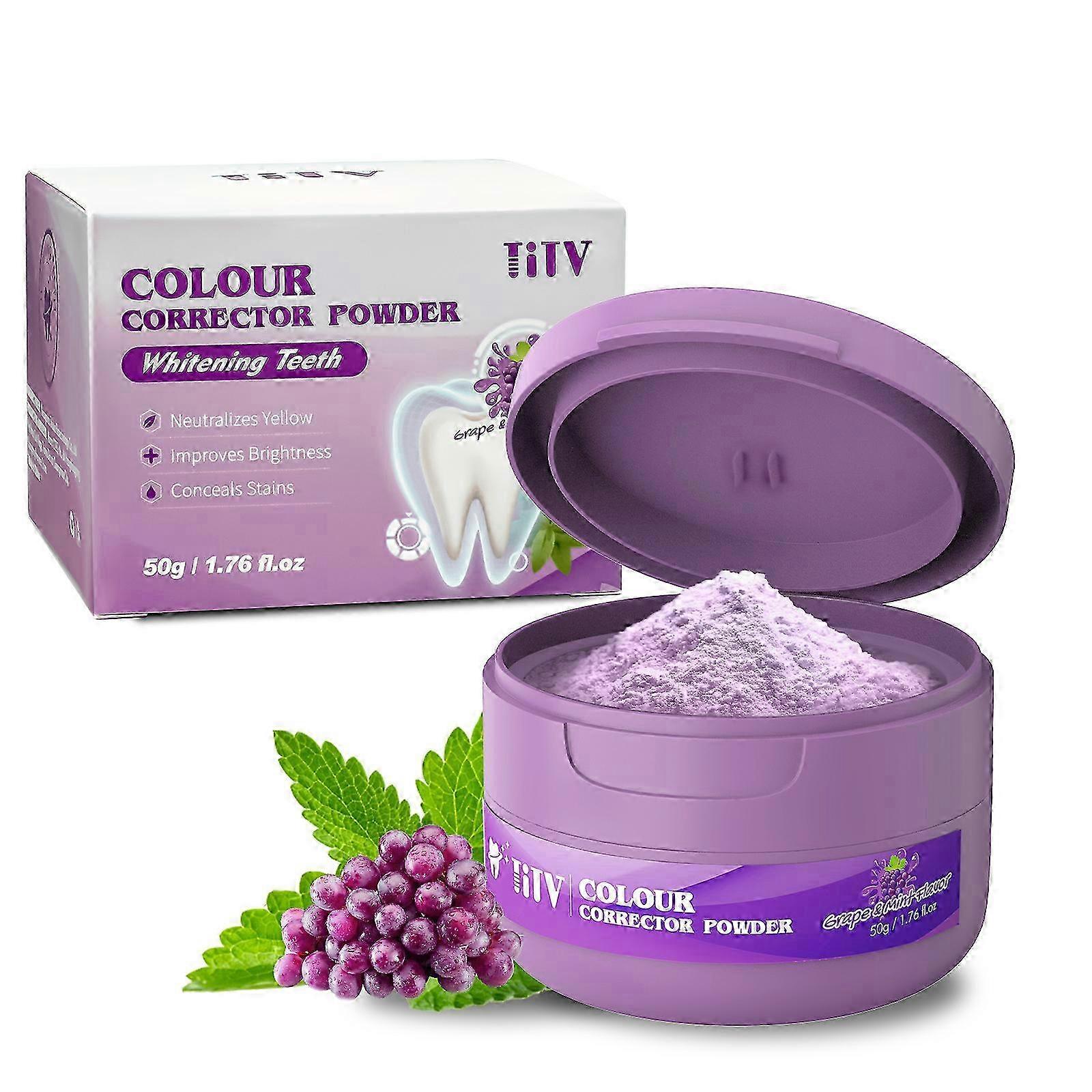 Purple Teeth Whitening Powder with Grape & Mint Flavor - Natural Color Corrector for Tooth Stains, Effective Teeth Whitener